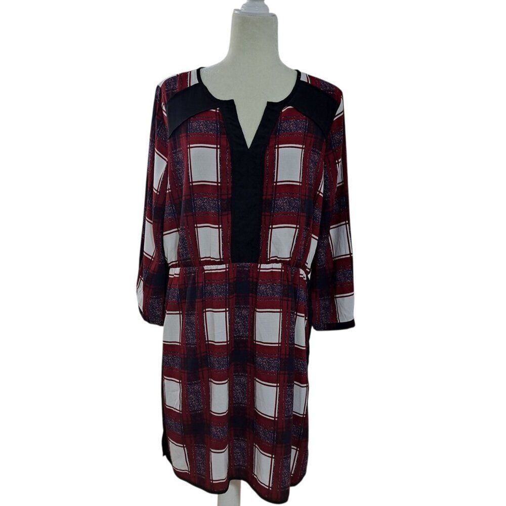 41 Hawthorn Women's Shirt Dress Plaid Burgundy Multi 3/4 Sleeves Work Office XL